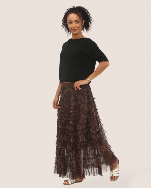 Leopard Tulle Layered Maxi Skirt (Brown Waistband) - Terminal 1 Clothing